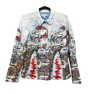 Coldwater Creek Linen Blend Christmas Winter Landscape Art Blazer White Red Sz S